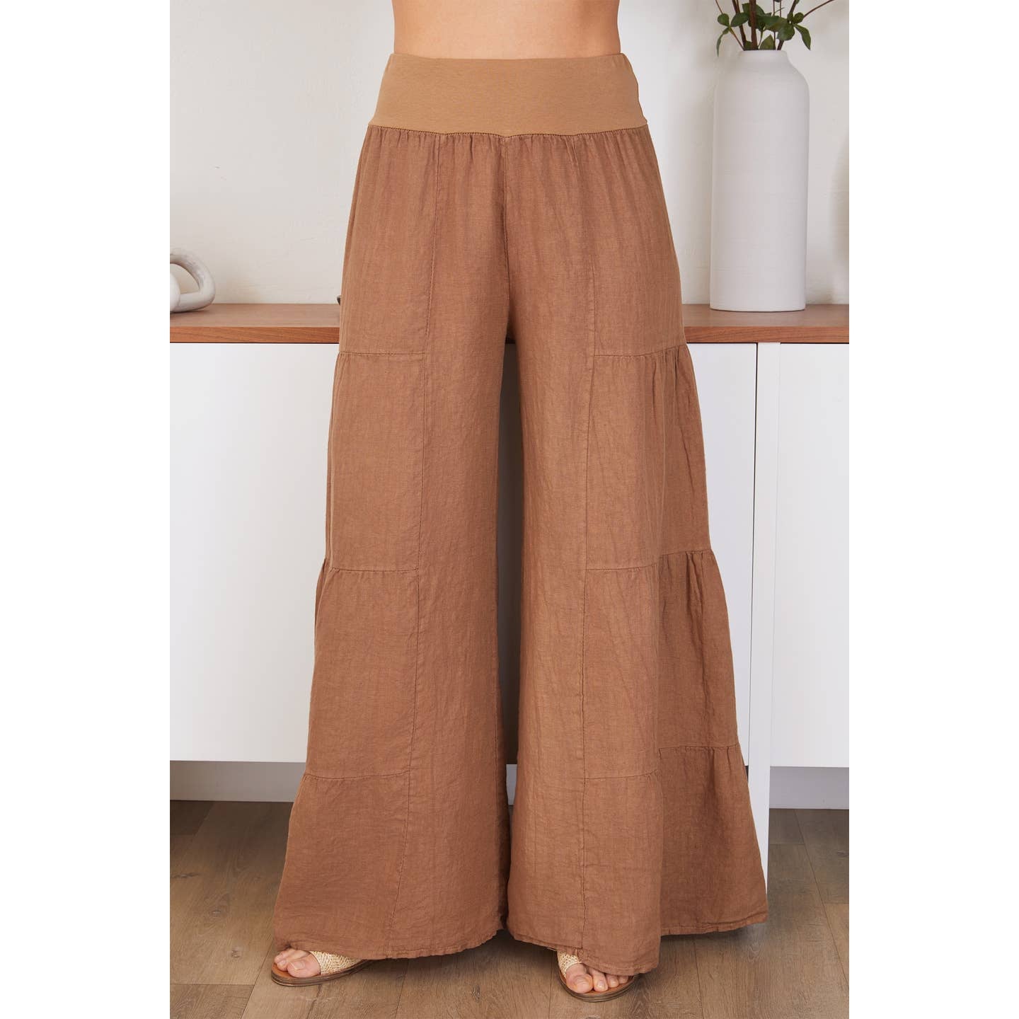 A Milio Milano Linen Tiered Palazzo Pant(255005/2-36-CAMEL)