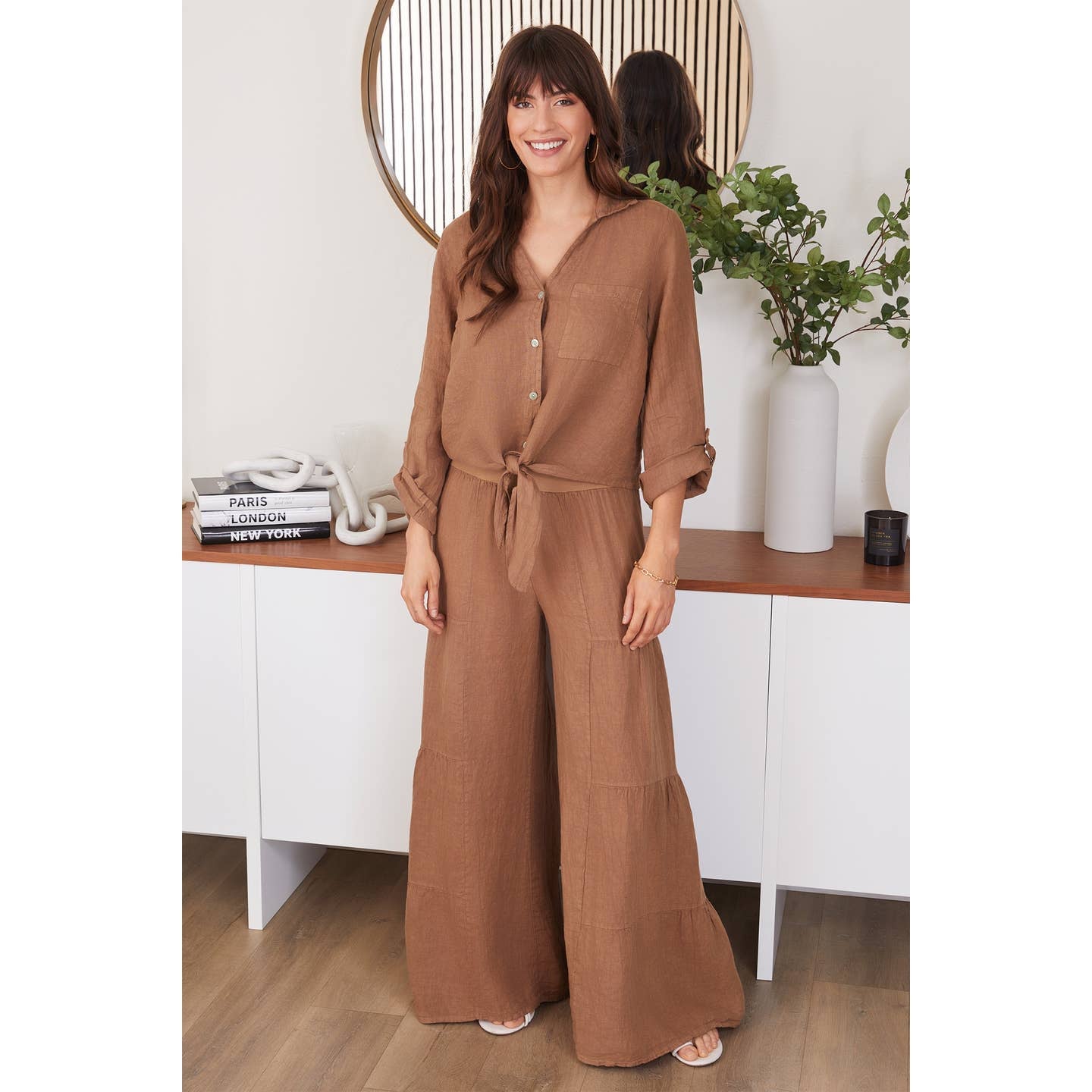 A Milio Milano Linen Tiered Palazzo Pant(255005/2-36-CAMEL)