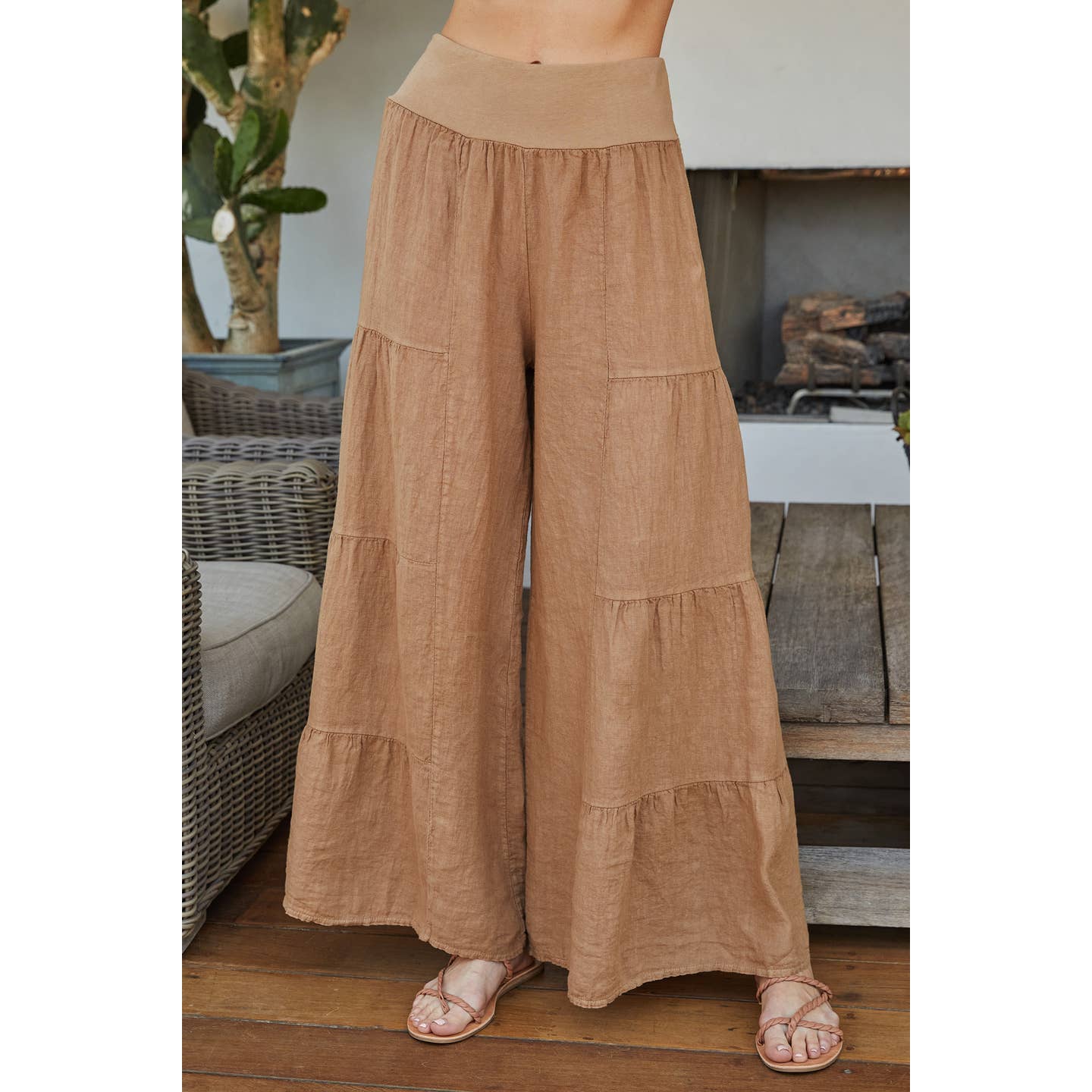 A Milio Milano Linen Tiered Palazzo Pant(255005/2-36-CAMEL)