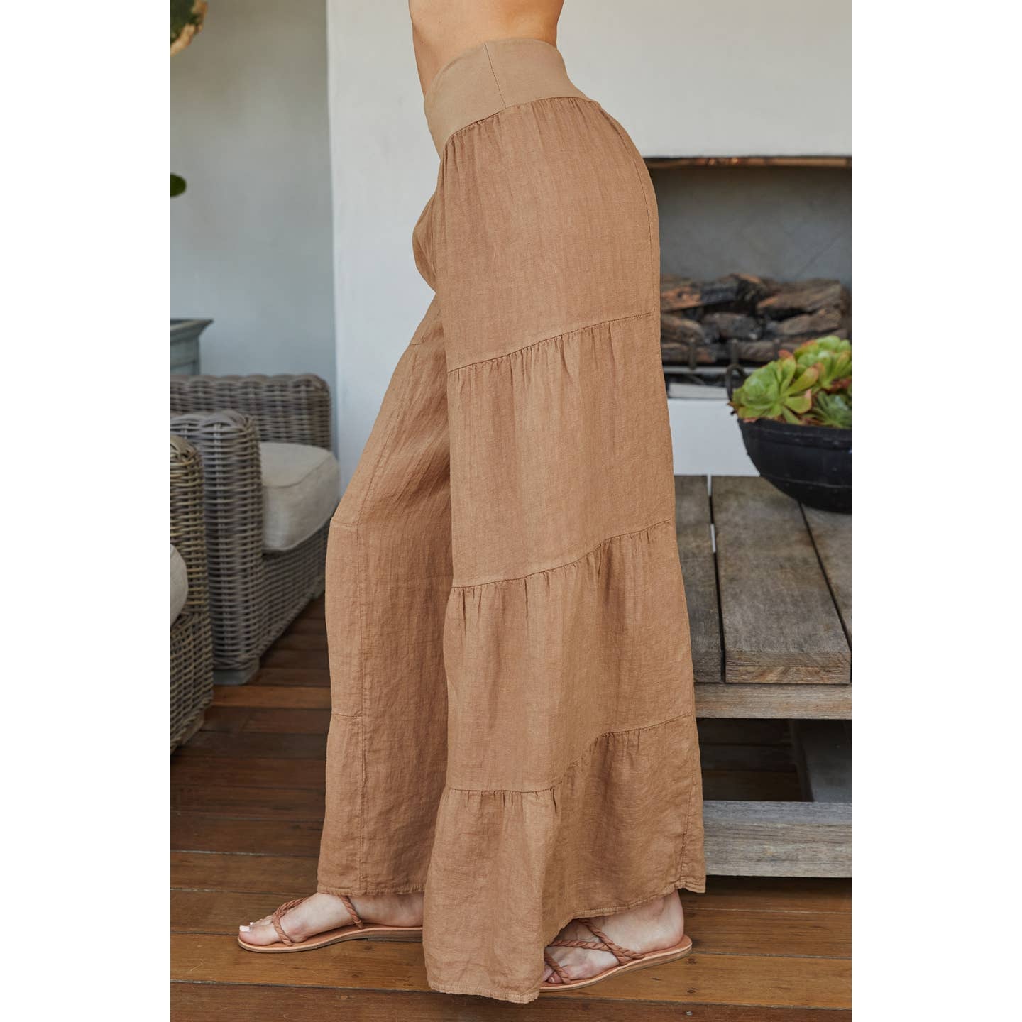 A Milio Milano Linen Tiered Palazzo Pant(255005/2-36-CAMEL)