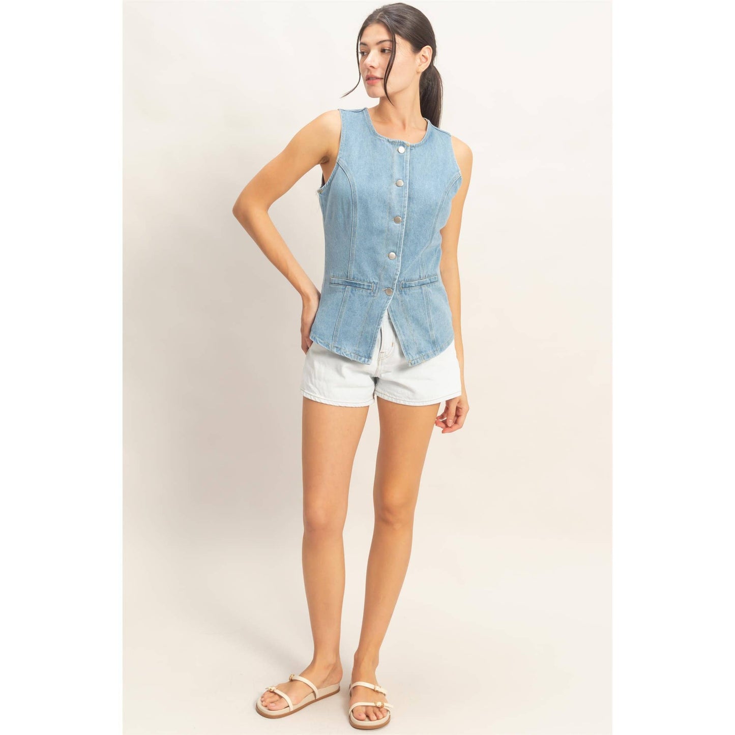 Button-Front Sleeveless Denim Vest