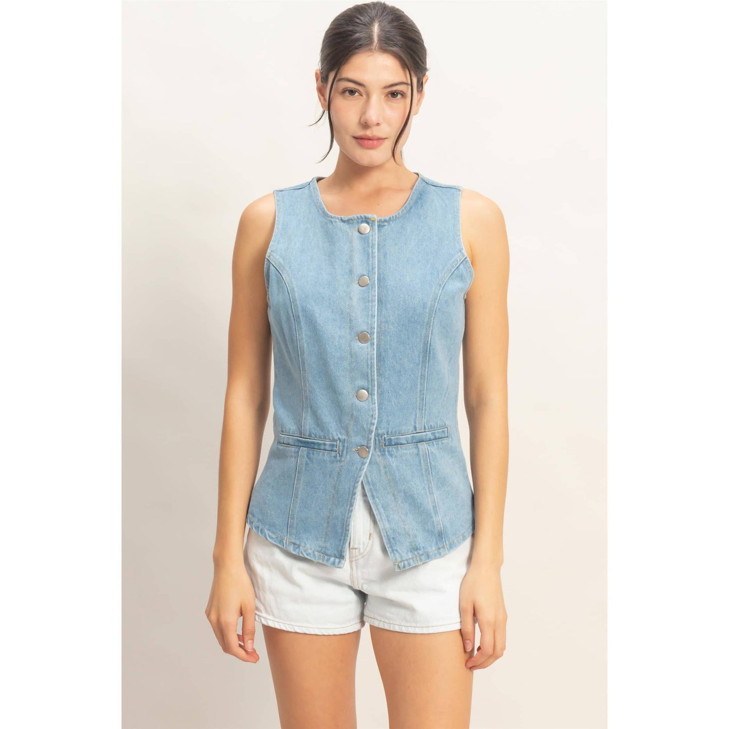 Button-Front Sleeveless Denim Vest